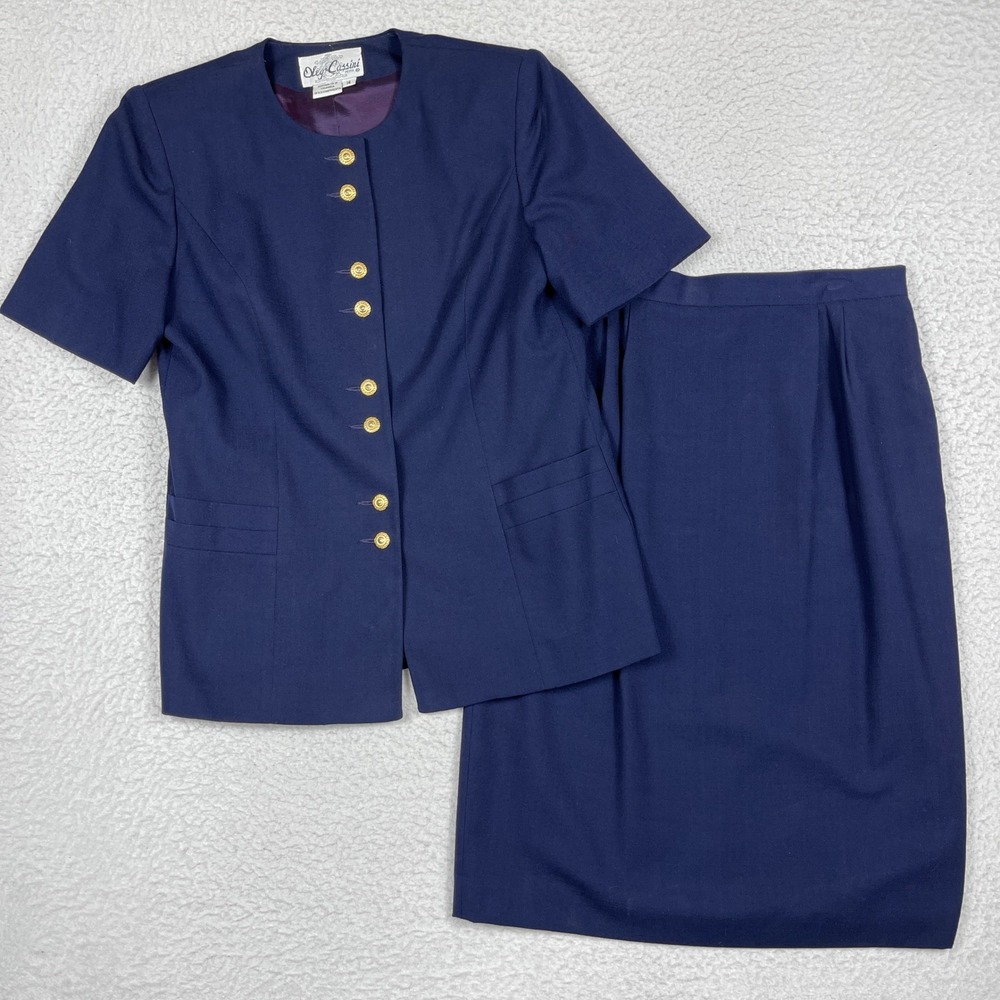 Oleg Cassini Skirt Suit Women 14 Petite Navy Blue Vintage Gold Button Blazer Set